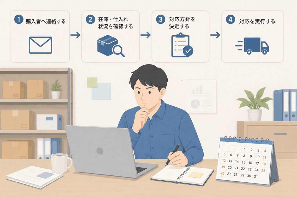 顧客連絡から在庫確認、対応方針の決定、対応実施までの流れを示したイラスト