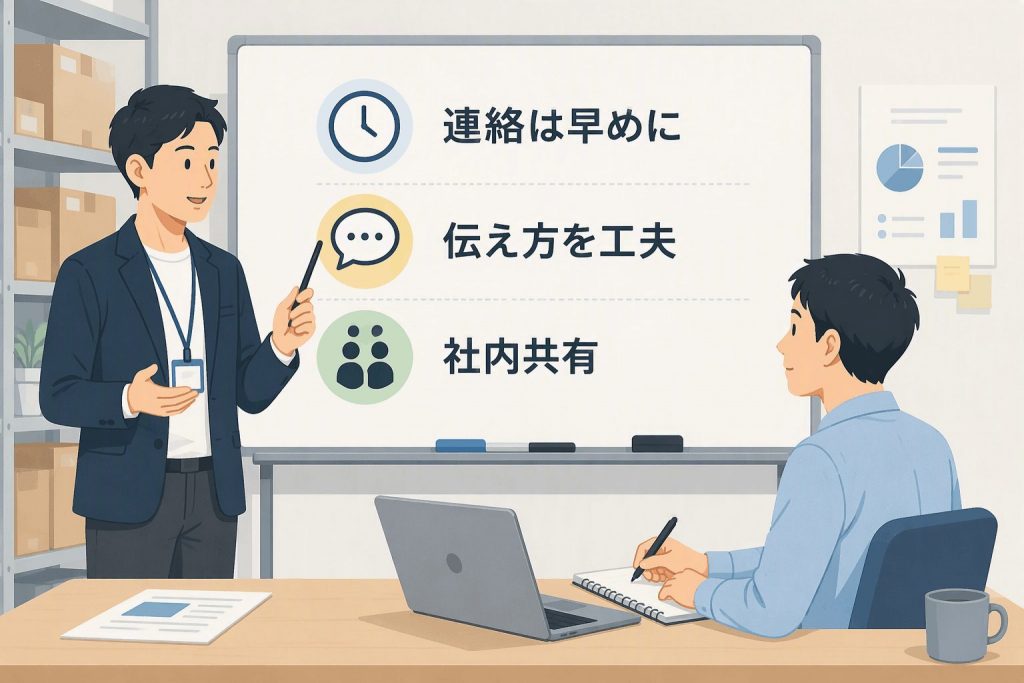 迅速な連絡や情報共有を通じて売り越し対応を円滑に進めるポイントを示したイラスト