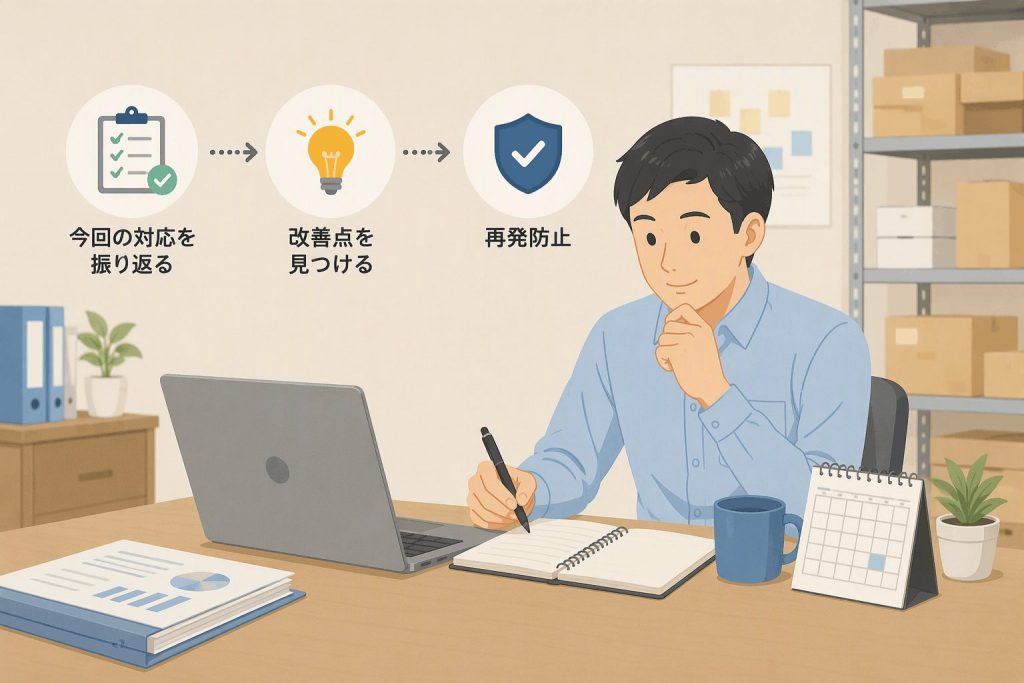 売り越し対応の振り返りを行い、改善点の整理と再発防止につなげる様子を示したイラスト