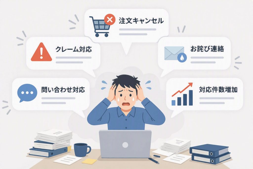 売り越しによる注文キャンセルや問い合わせ対応、クレーム対応の増加を示したイラスト