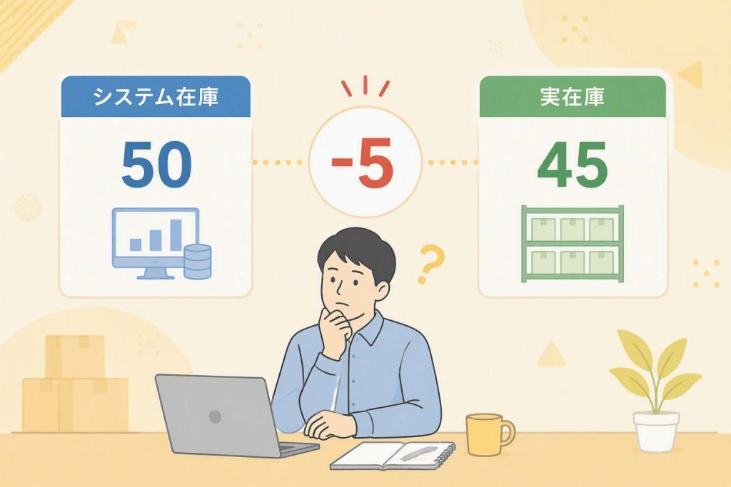 システム上の在庫数と実在庫数に差異が発生している状態を示したイラスト