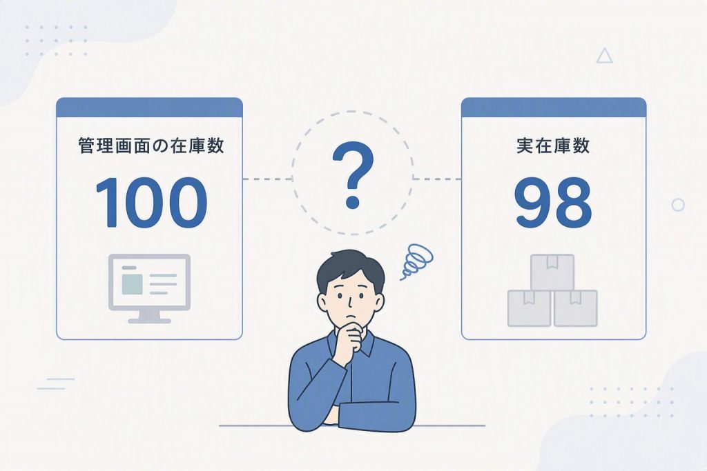 管理画面上の在庫数と実際の在庫数が一致していない状態を示したイラスト