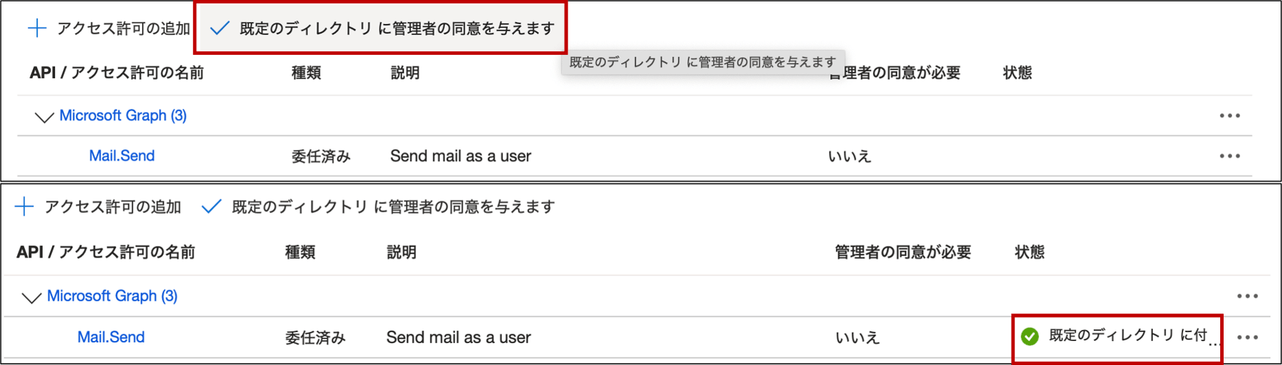 規定のディレクトリに管理者の同意