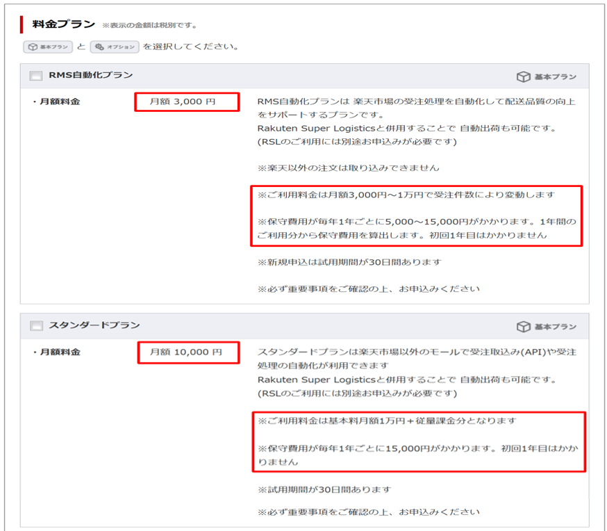 RMS Service SquareのBOSSサービスページ内の料金プランの説明部分のキャプチャです。