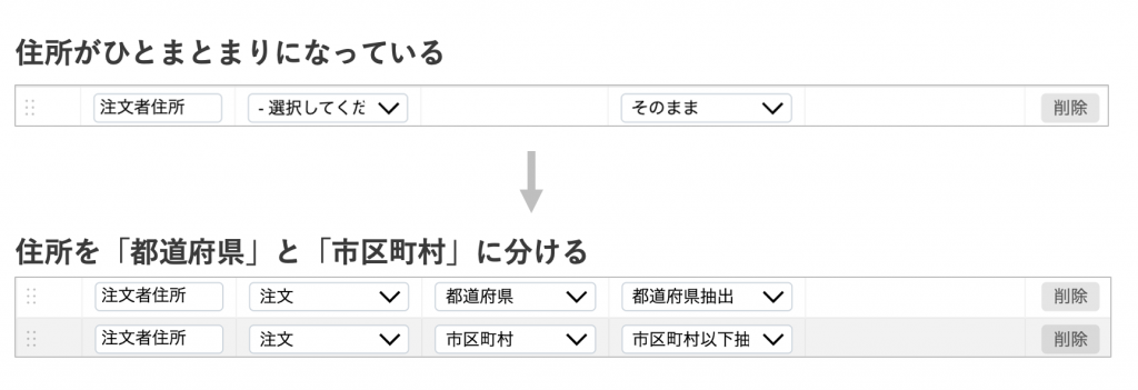 住所を都道府県と市区町村に分けるイメージ